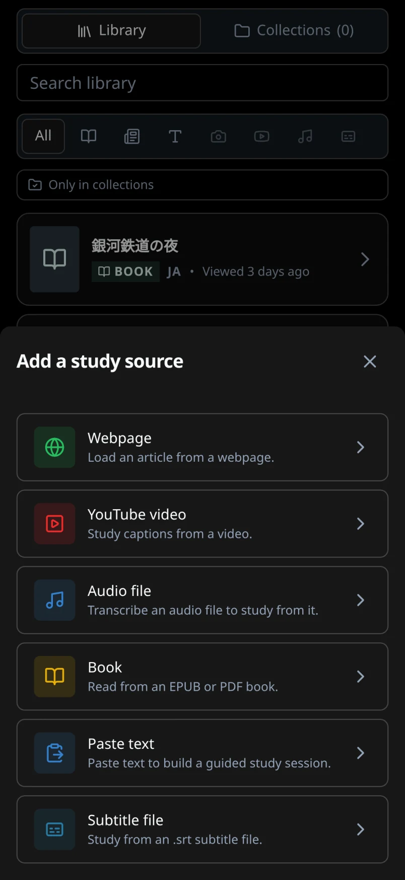 The Add a study source sheet listing Webpage, YouTube video, Audio file, Book, Paste text, and Subtitle file.